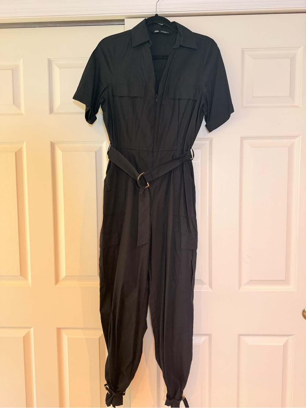 Zara Black Short-Sleeve Utility Jumpsuit with Belt SMALL